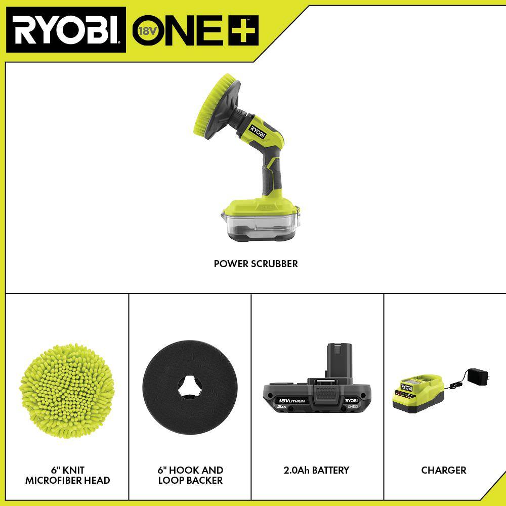 RYOBI ONE+ 18V Cordless Compact Power Scrubber Kit with 2.0 Ah Battery Charger and 6 in. 2-Piece Knit Microfiber Kit P4510K-A95KMK1