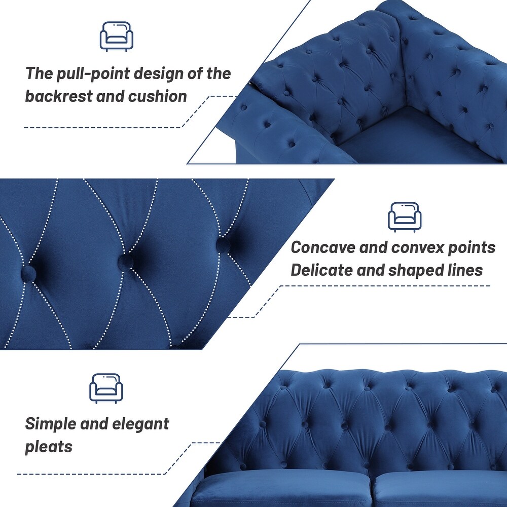 Dutch Velvet Sectional Sofa Tufted Backrest Recliner Loveseat with Nailheads Rolled Armsrest Single Sofa Chair(3pcs)  Blue gray