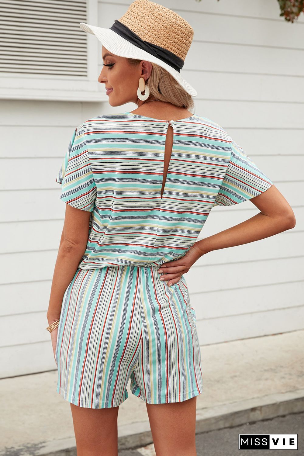 Green Striped Short Sleeve Romper