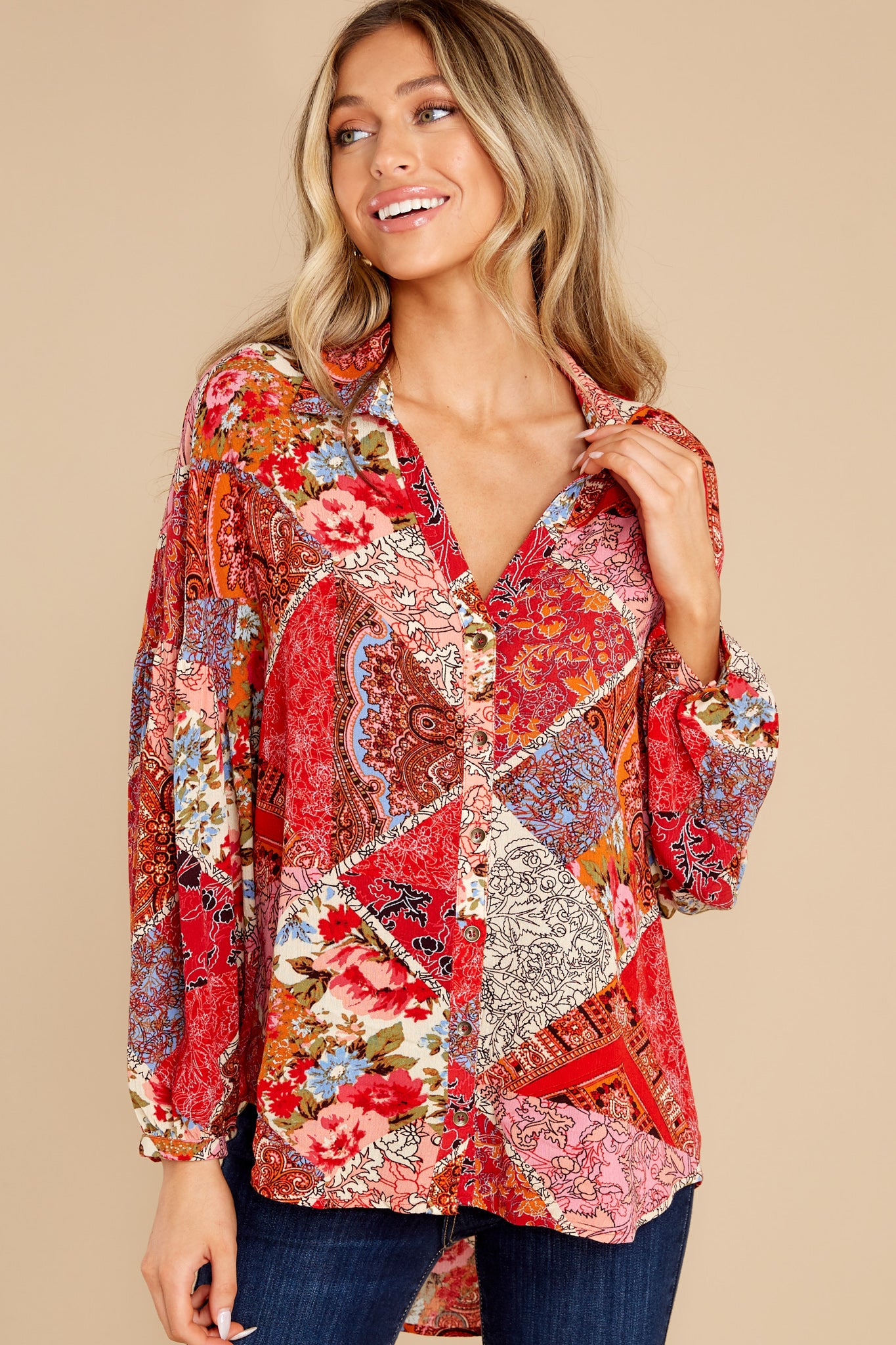 At Arm's Length Red Patchwork Print Top