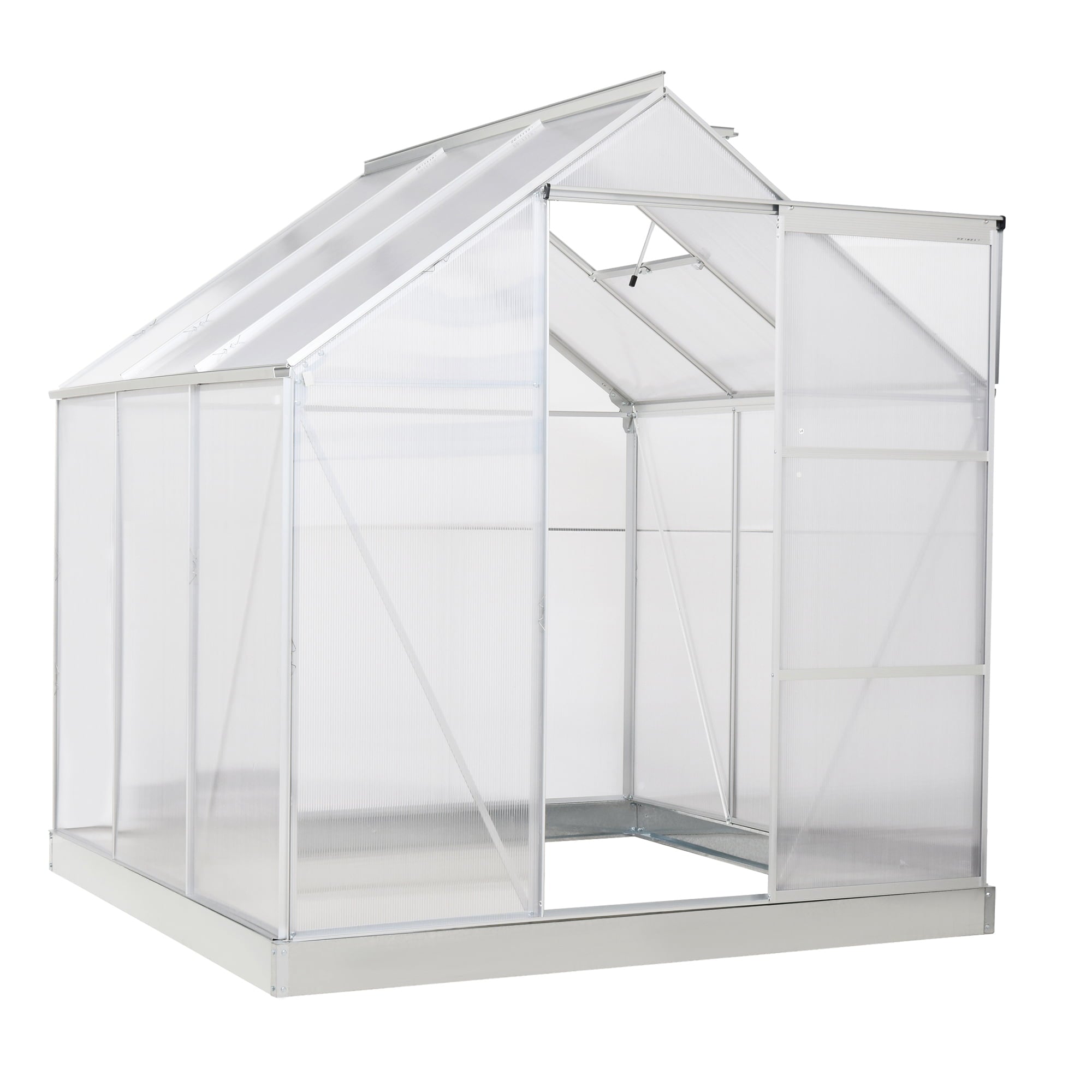 Outsunny 6' x 6' Polycarbonate Greenhouse with Aluminum Frame, Walk-in Garden Greenhouse Kit with Adjustable Roof Vent, Rain Gutter and Sliding Door for Winter, Silver