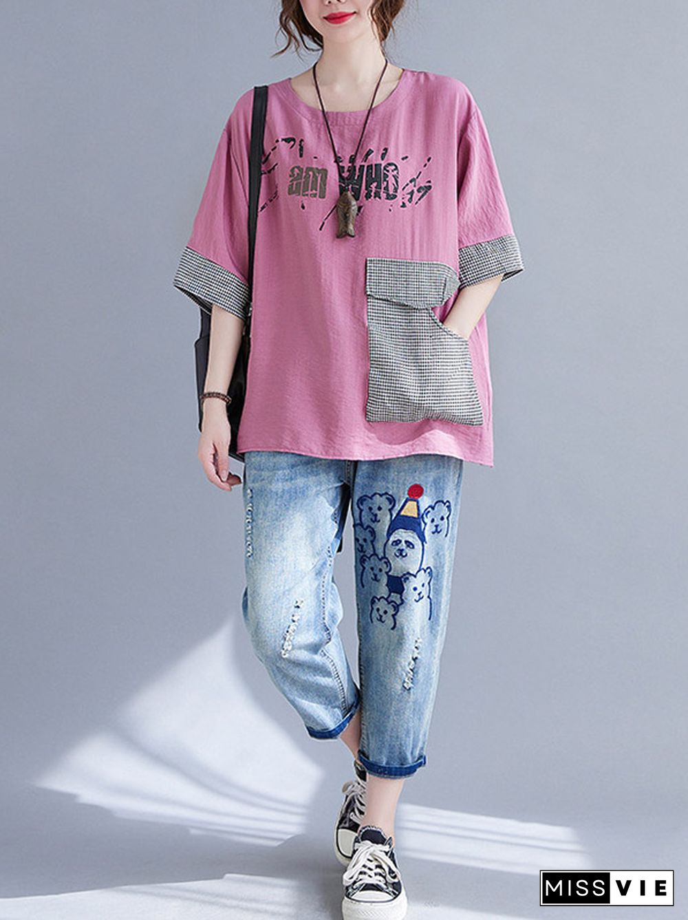 Original Letter Print Split-Joint Round-Neck T-Shirts Tops