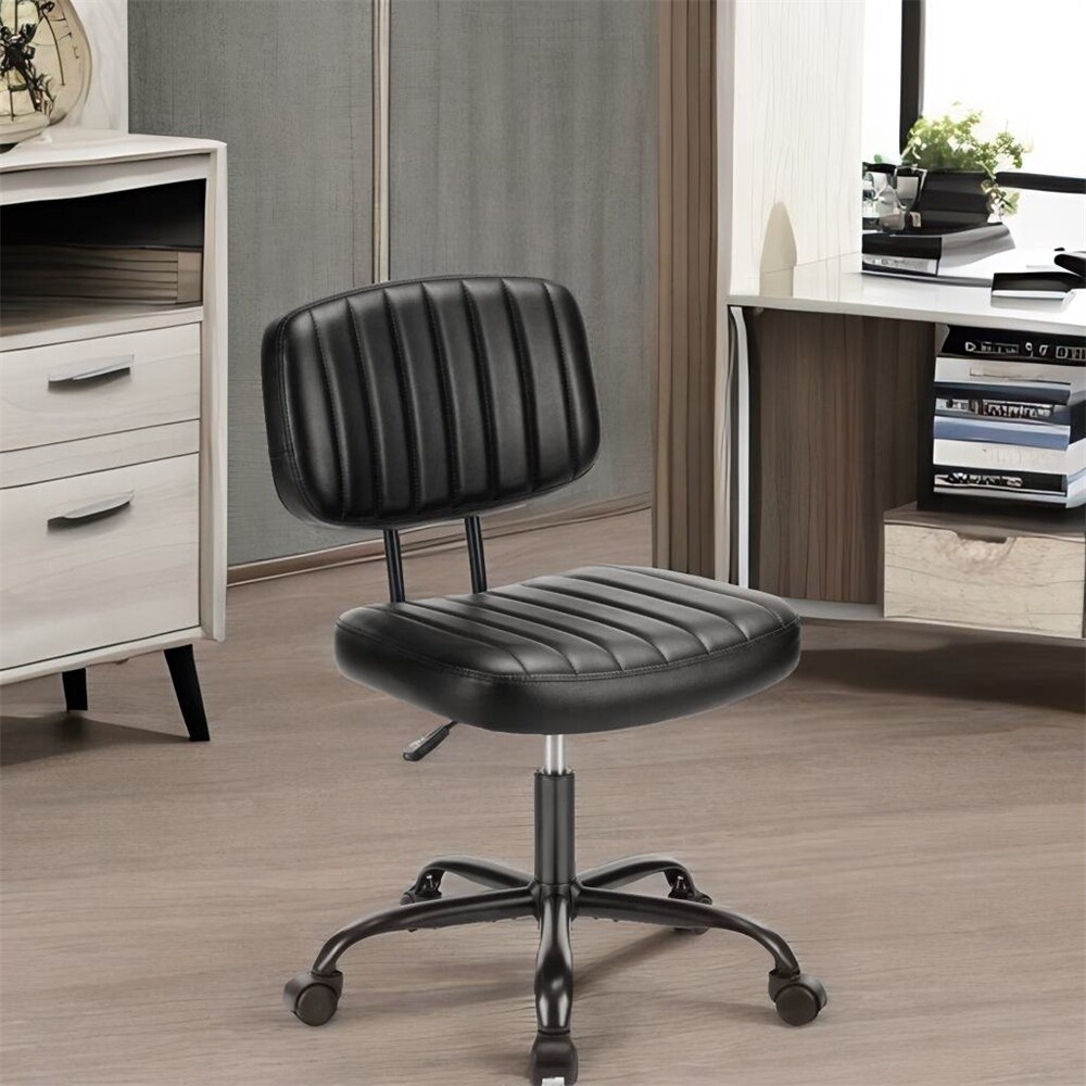 Height Adjustable Leather Low Back Home Office Chair with Wheels   N/A