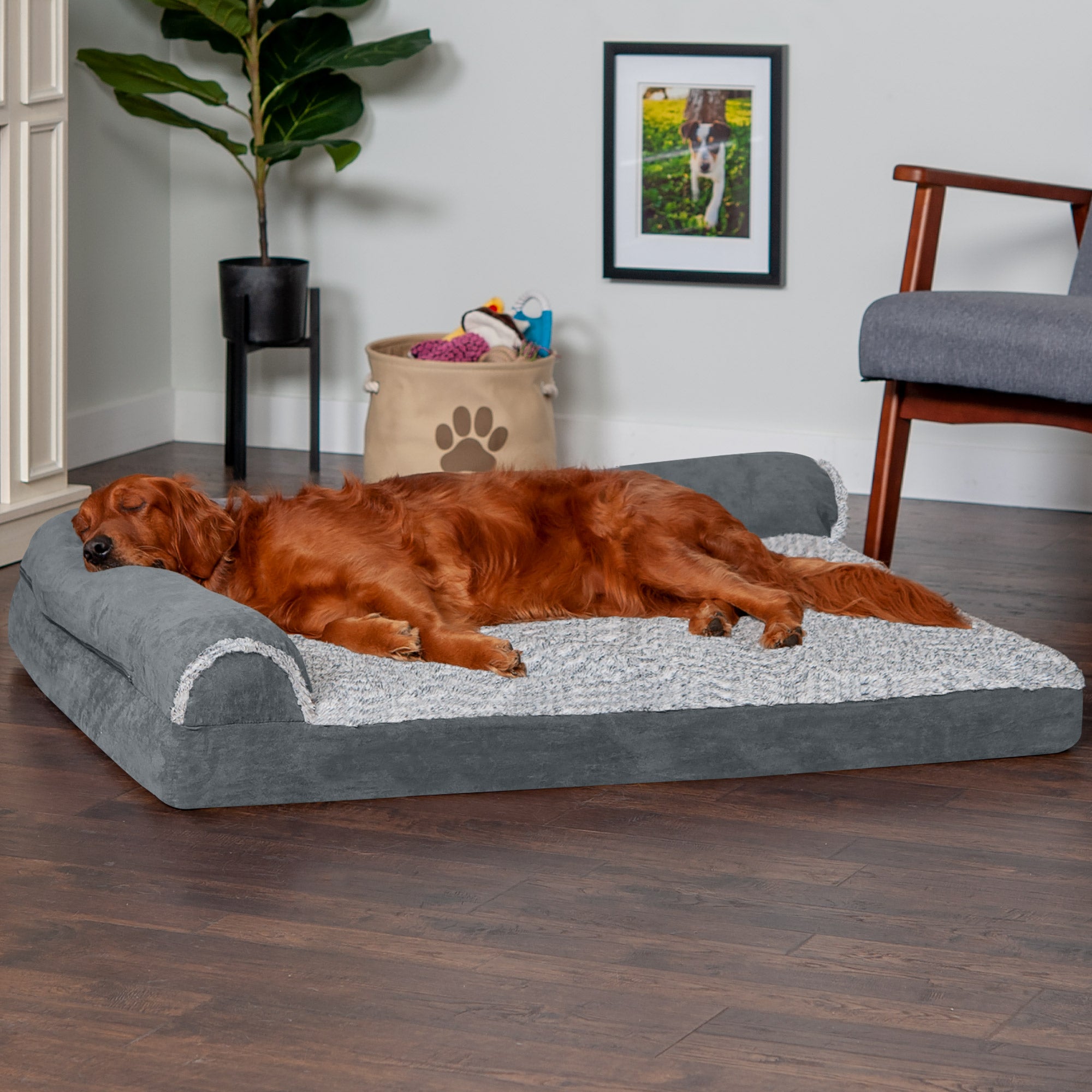 FurHaven Pet Products | Deluxe Memory Foam Chaise Faux Fur & Suede L-Shaped Lounge Sofa Pet Bed for Dogs & Cats, Stone Gray, Jumbo