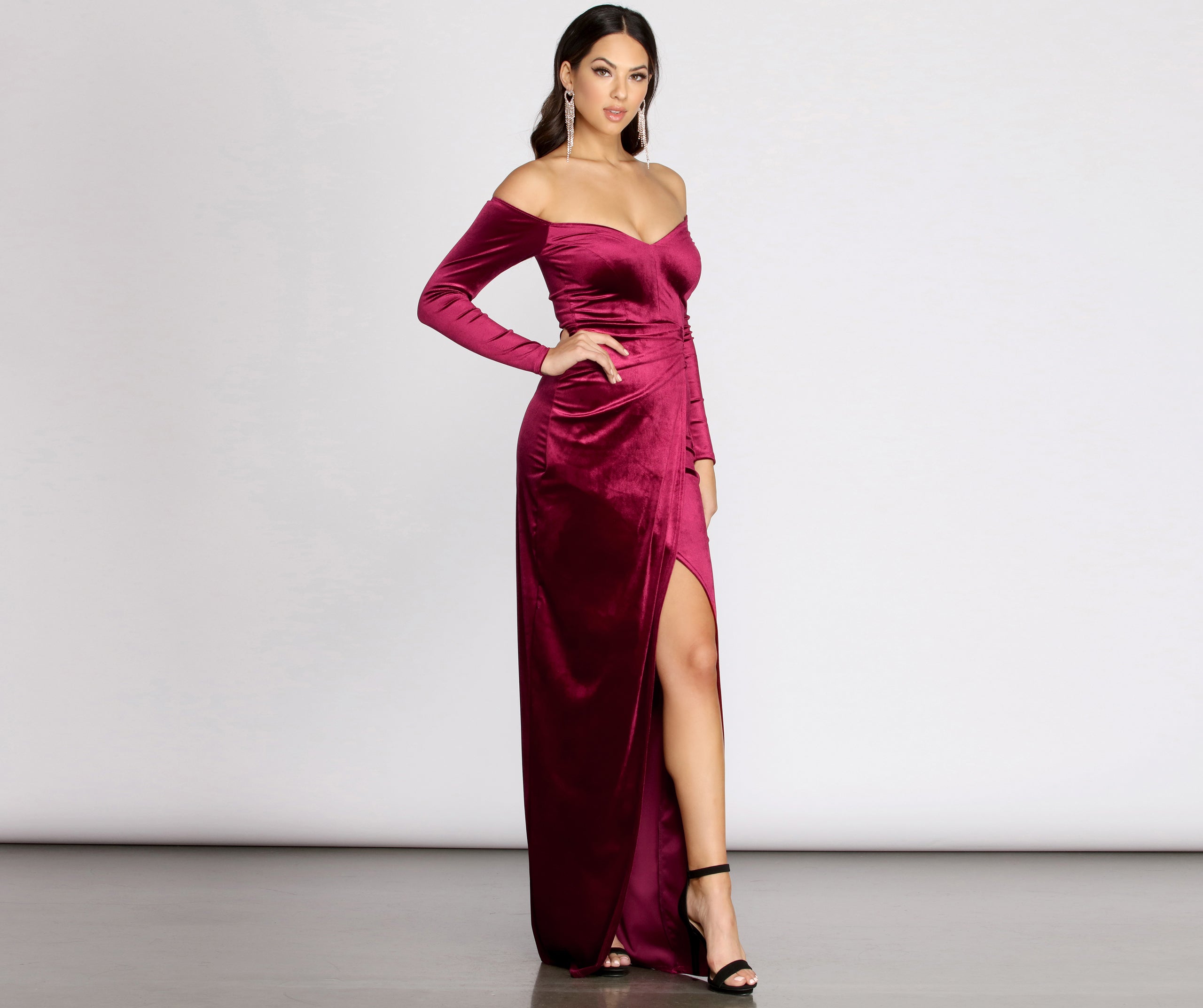 Celeste Off The Shoulder Wrap Front Velvet Dress