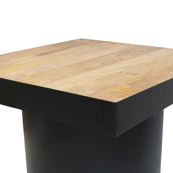 21 Inch Wooden Side Table with Block Metal Base， Brown and Black