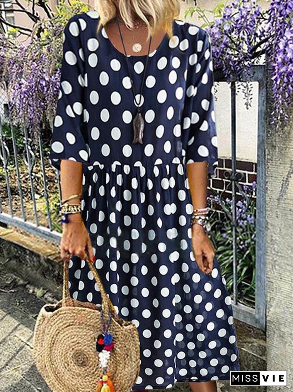 Casual Polka Dots Print Paneled Side Pockets Midi Dress