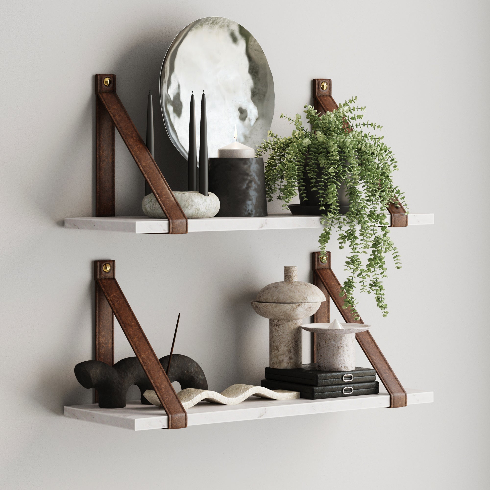 Nathan James Brandon Wall Mount White Marble Floating Shelf for Wall with Brown Leather Strap, Marble/Brown