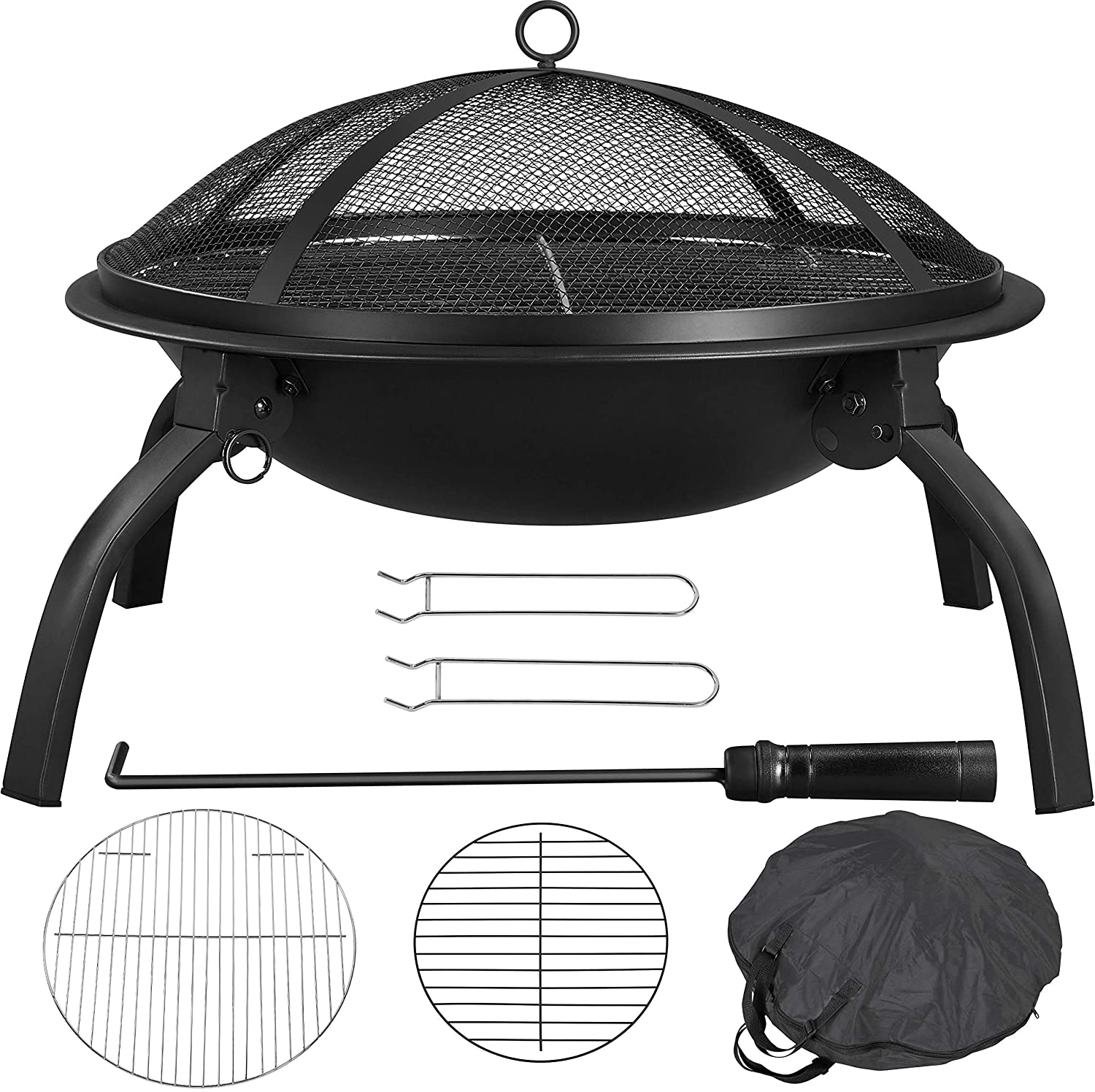 21inch Firepit Portable Folding Steel Fire Bowl Garden Treasures Fire Pit Wood Burning Outdoor Fireplace with Spark Screen, BBQ Grill, Log Grate & Carrying Bag for Patio Backyard Camping