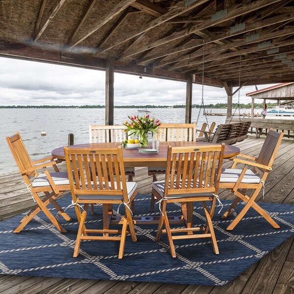 Seven Seas Teak 7 Piece Teak Wood San Diego Patio Dining Set with Round to Oval Extension Table，2 Arm Chairs and 4 Side Chairs