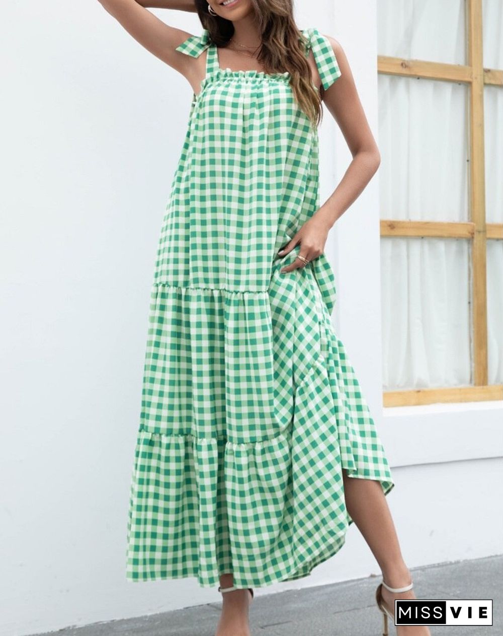 Elegant Fashion Check Sleeveless Sling Dress Women Summer Dress NEW Lace-up Ruffle Slash Neck Swing With A-line Long Dress