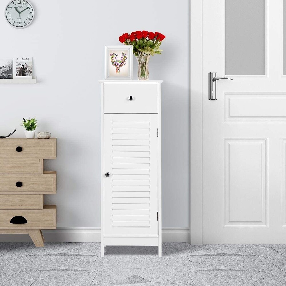 Bathroom Floor Storage Cabinet  Wooden Free Standing Storage Organizer Unit with Drawer and Door Cabinet  Tall Side Table