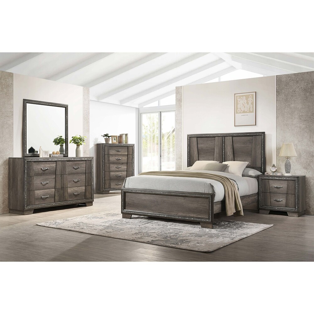 Wooden Panel Bedroom Set with Glittering Strip Design in Grey