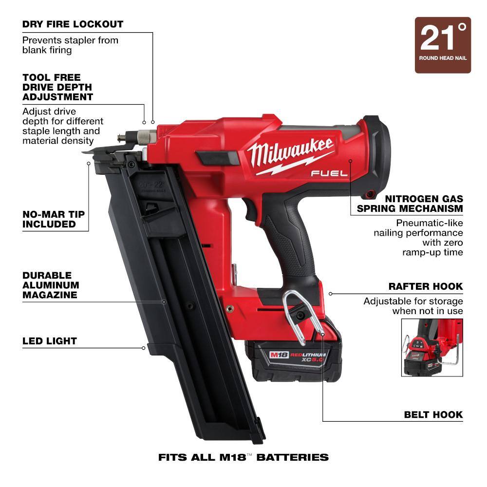 MW M18 FUEL 3-12 in. 18-Volt 21-Degree Lithium-Ion Brushless Cordless Framing Nailer Kit w Battery Extended Capacity Mag 2744-21-48-08-2744