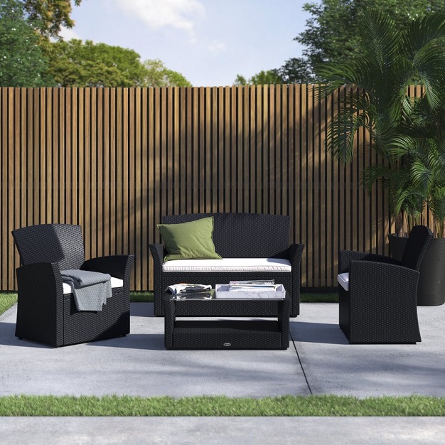 Barton 4 pieces Outdoor Patio Set Rattan Conversation Sofa Sectional Set With Table Black beige