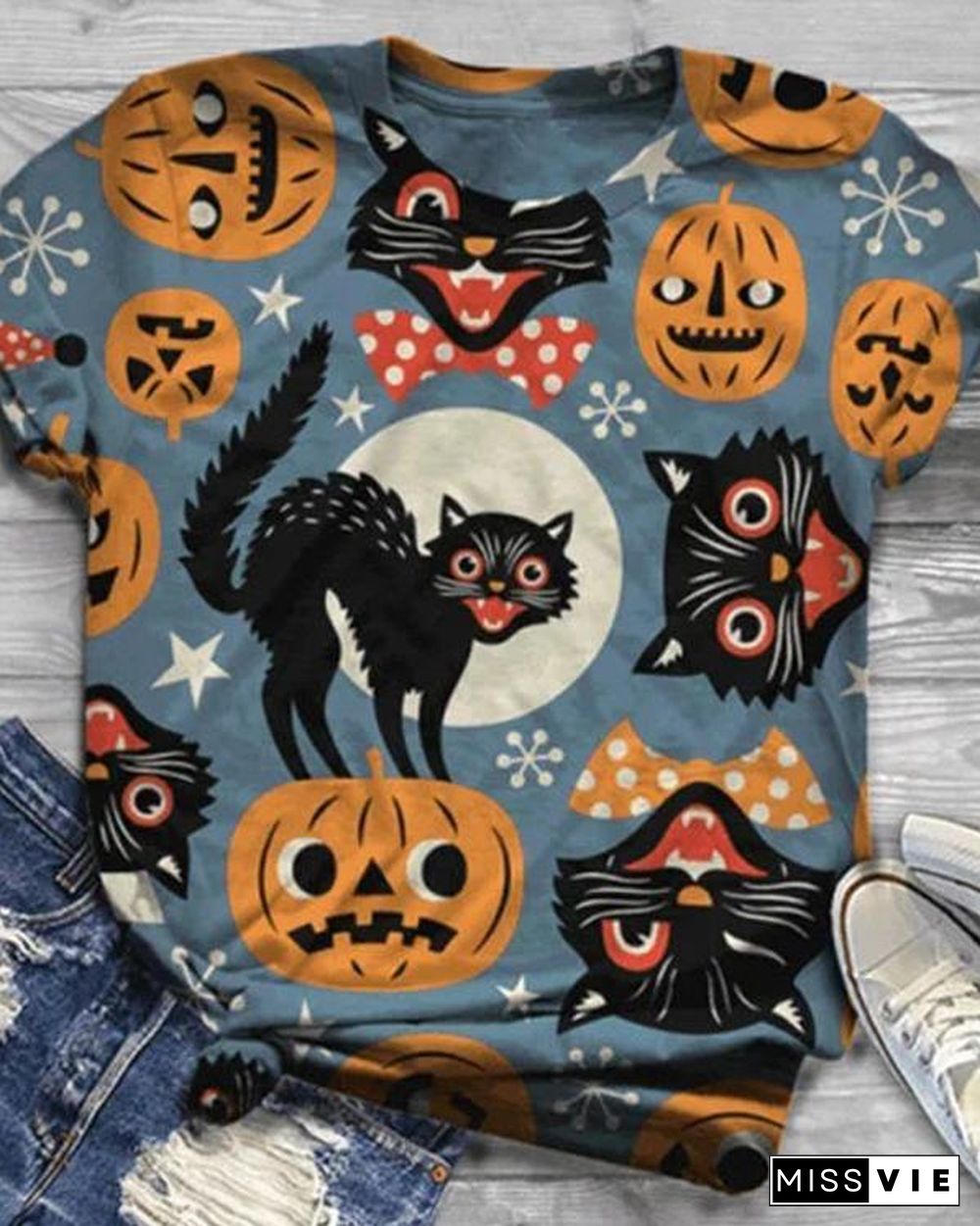 Women 5 Pattern Type Halloween Cat&Pumpkin Short Sleeve T-Shirts