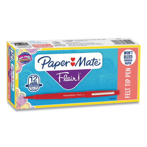 Paper Mate Point Guard Flair Stick Porous Point Pen， Medium 0.7mm， Red Ink/Barrel， Dozen (8420152)