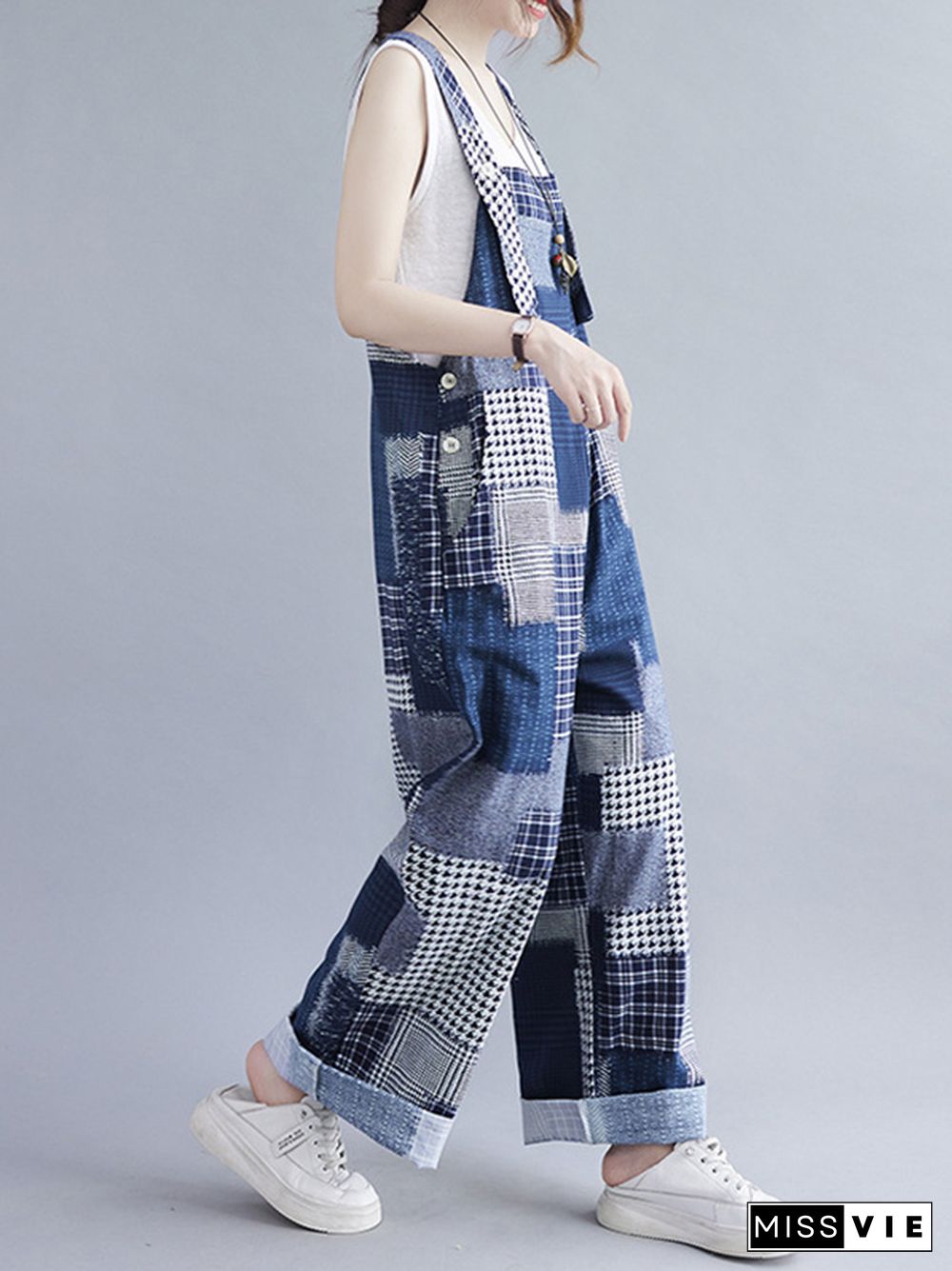 Artistic Retro Plaid Square-Neck Sleeveless Overalls