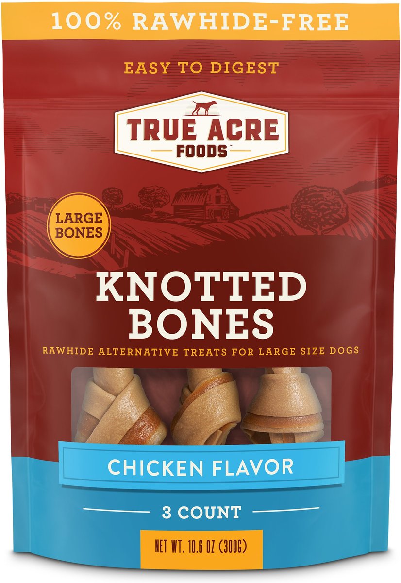 True Acre Foods Rawhide-Free Knotted Bones Chicken Flavor Treats， Large， 3 count