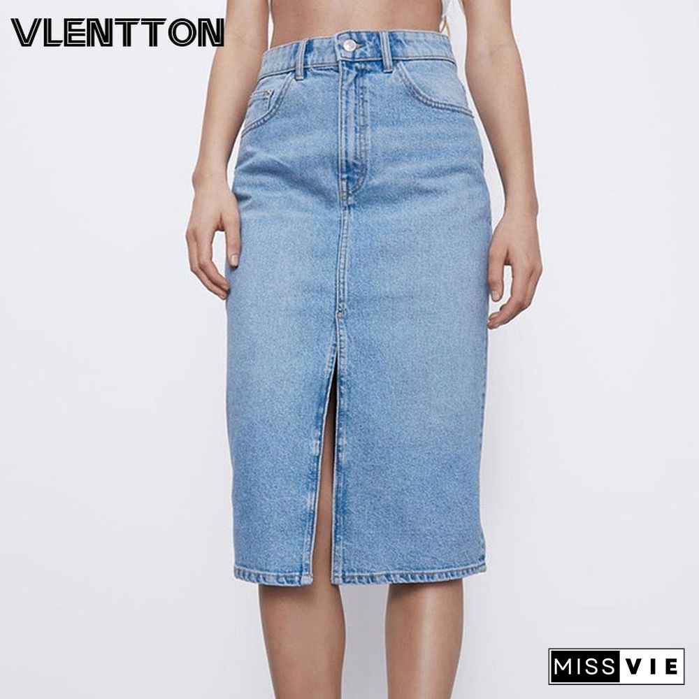 Spring Autumn Black Blue Sexy Split Women's Straight Denim Skirt High Waist Solid Midi Jeans Skirts Saia Faldas Mujer Moda