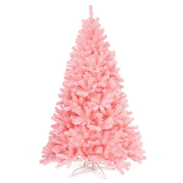 Gymax 6ft Pink Artificial Christmas Tree Hinged Spruce Full Tree w/