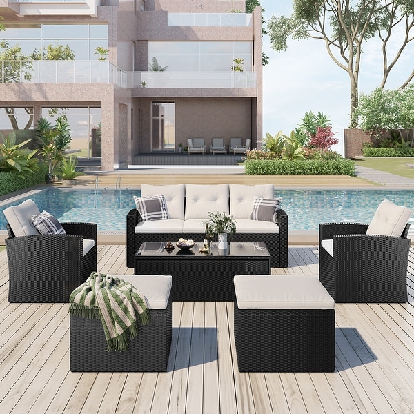 6piece AllWeather Wicker PE rattan Patio Outdoor Dining Conversation Sectional Set with coffee table，wicker sofas，ottomans