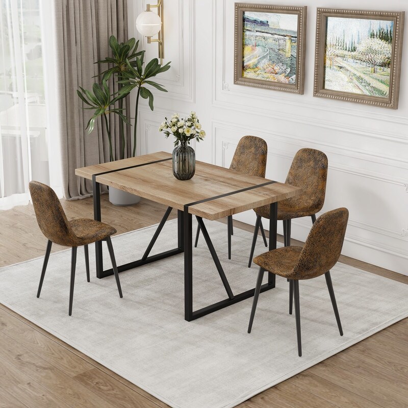 Mid Century Modern 5 Piece Dining Table Set Solid Wood Table with 4 Upholstered Chairs