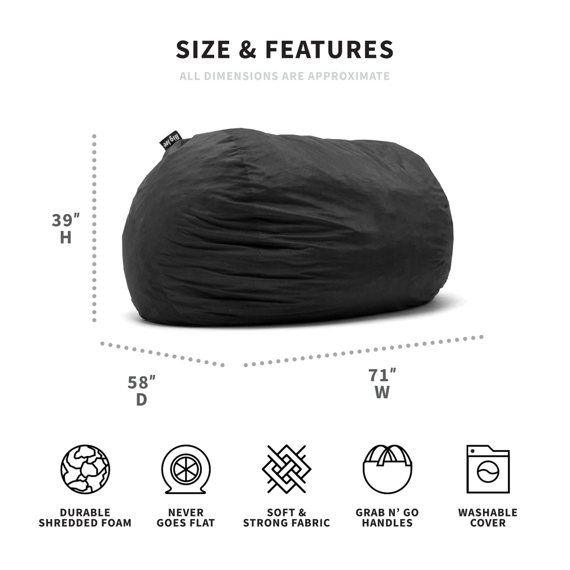 Big Joe Fuf XXL Bean Bag Chair, Lenox 6ft, Black