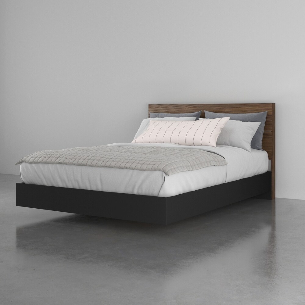 Nexera Platform Bed with Headboard  Walnut and Black