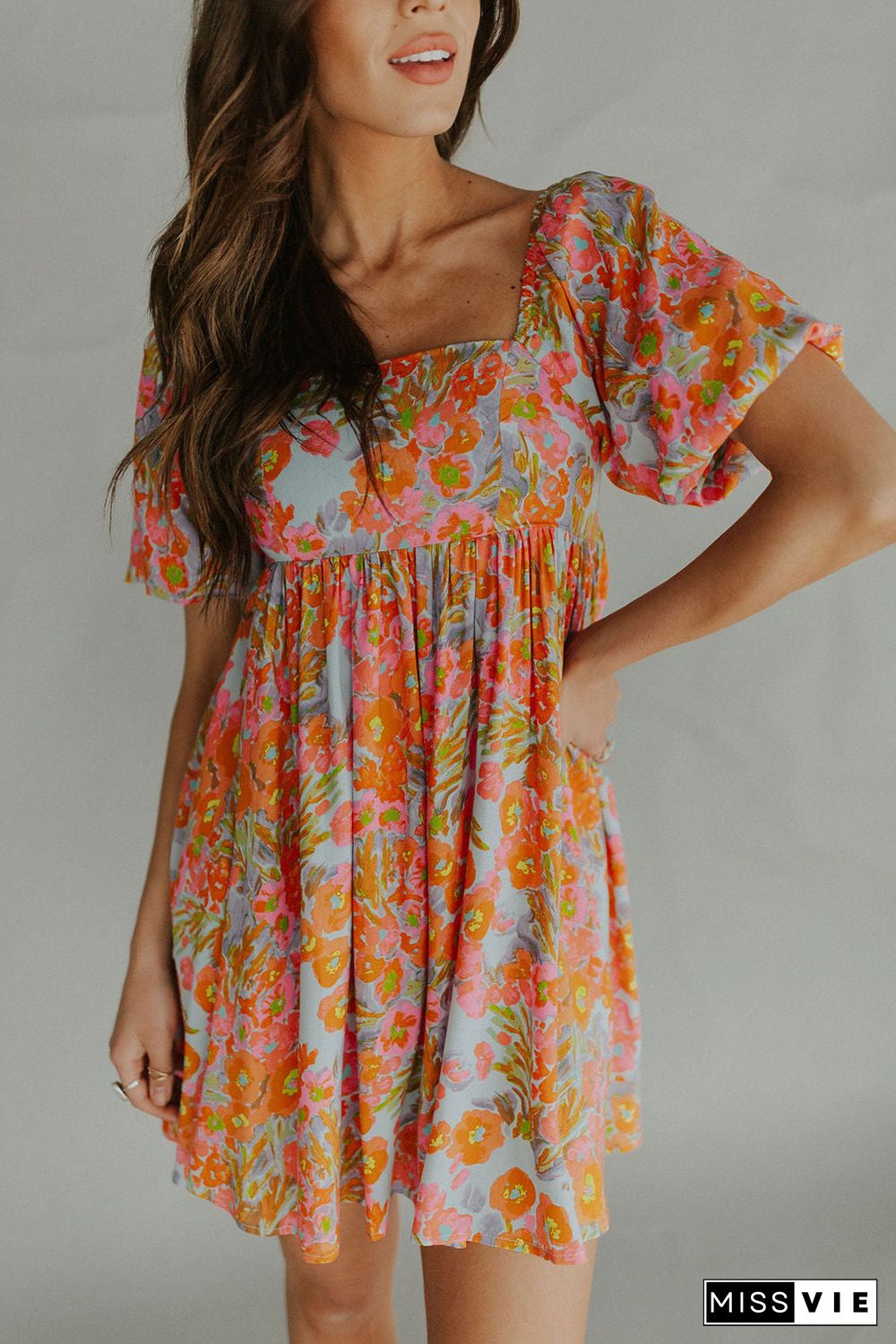 Orange High Waist Square Neck Puff Sleeve Floral Dress