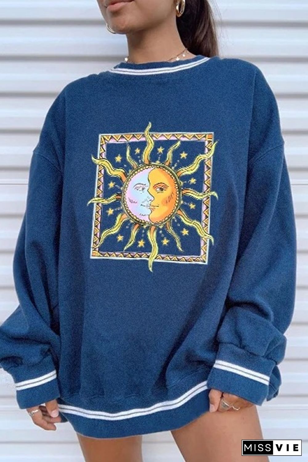 Moon Sun Print Round Neck Sweatshirt