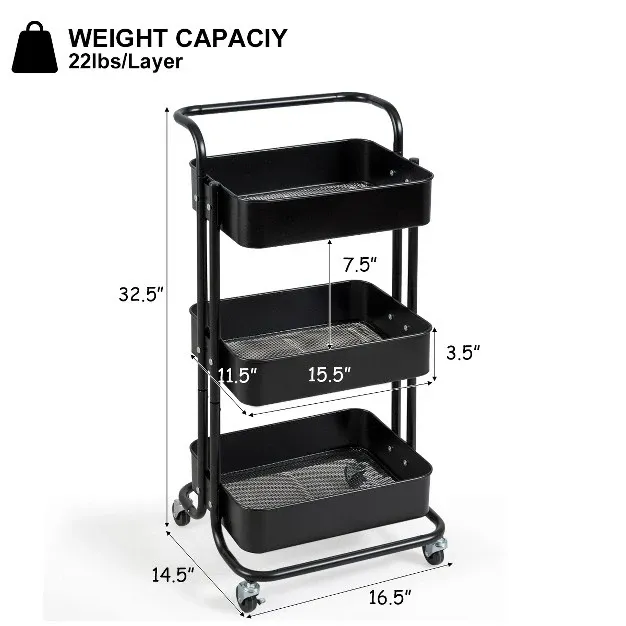 3 tier Metal Rolling Storage Cart Trolley Kitchen 2 Brakes W handle Black