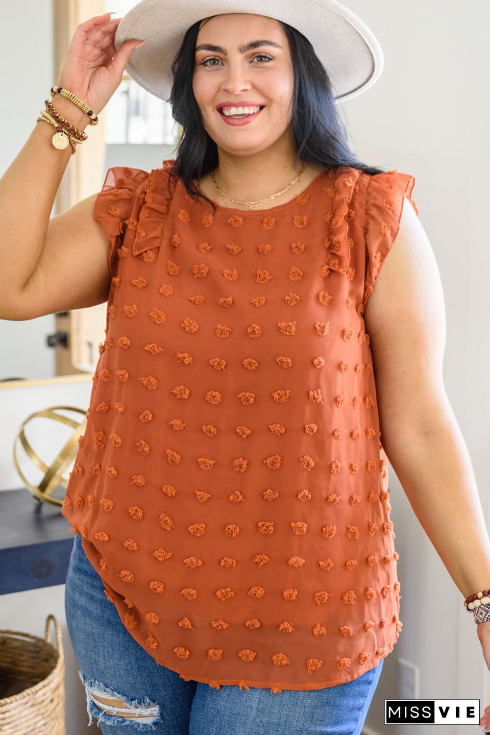 Orange Sheer Ruffle Detail Swiss Dot Curvy Tank Top