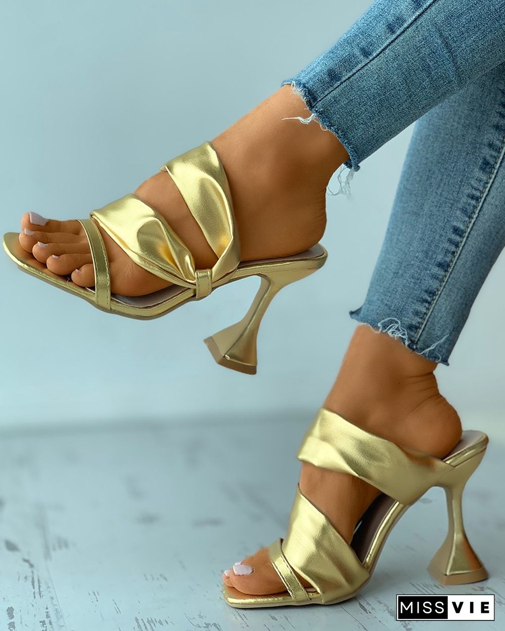 Square Toe Cutout Slide Pyramid Heels