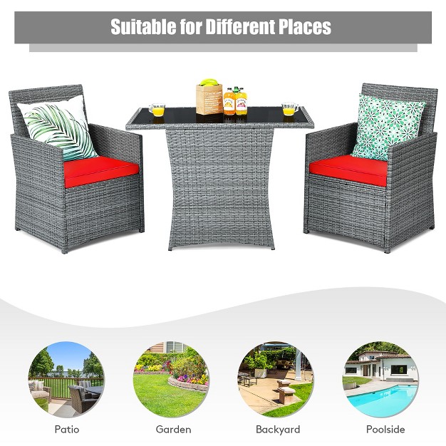 Costway 3pcs Patio Rattan Furniture Set Cushioned Sofa Armrest Garden White red navy turquoise