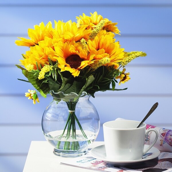 Enova Home Artificial Mixed Silk Sunflowers Fake Flowers Arrangement in Clear Glass Vase for Home Office Decoration