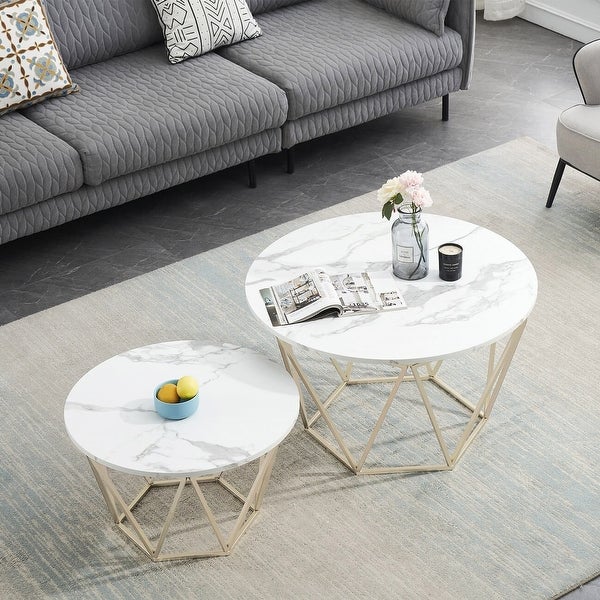 ivinta Round Coffee Table Set of 2， Modern End Tables for Living Room， Tempered Glass/White Faux Marble Tea Tables