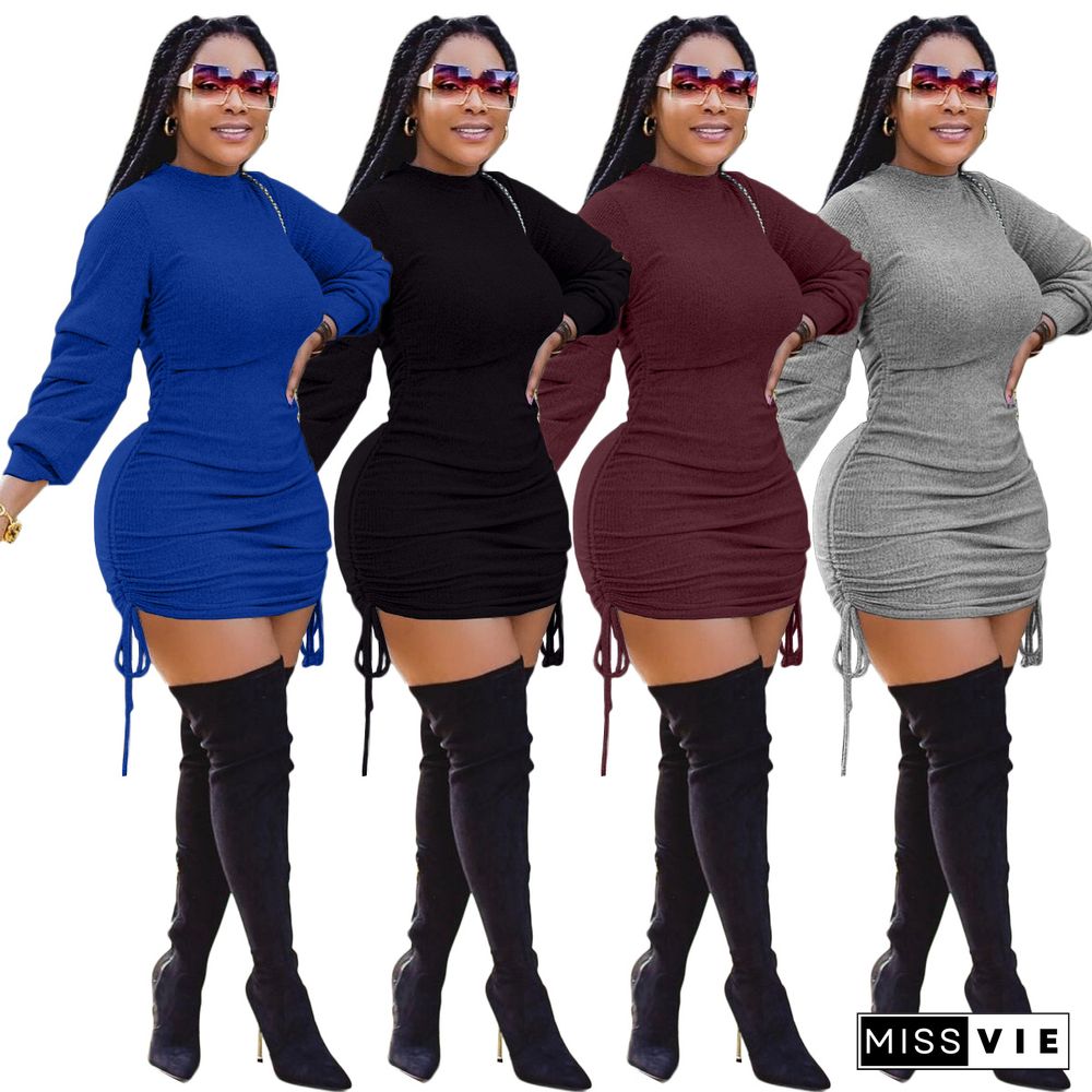 Solid Color Long-sleeved Round Neck Drawstring Bodycon Dress