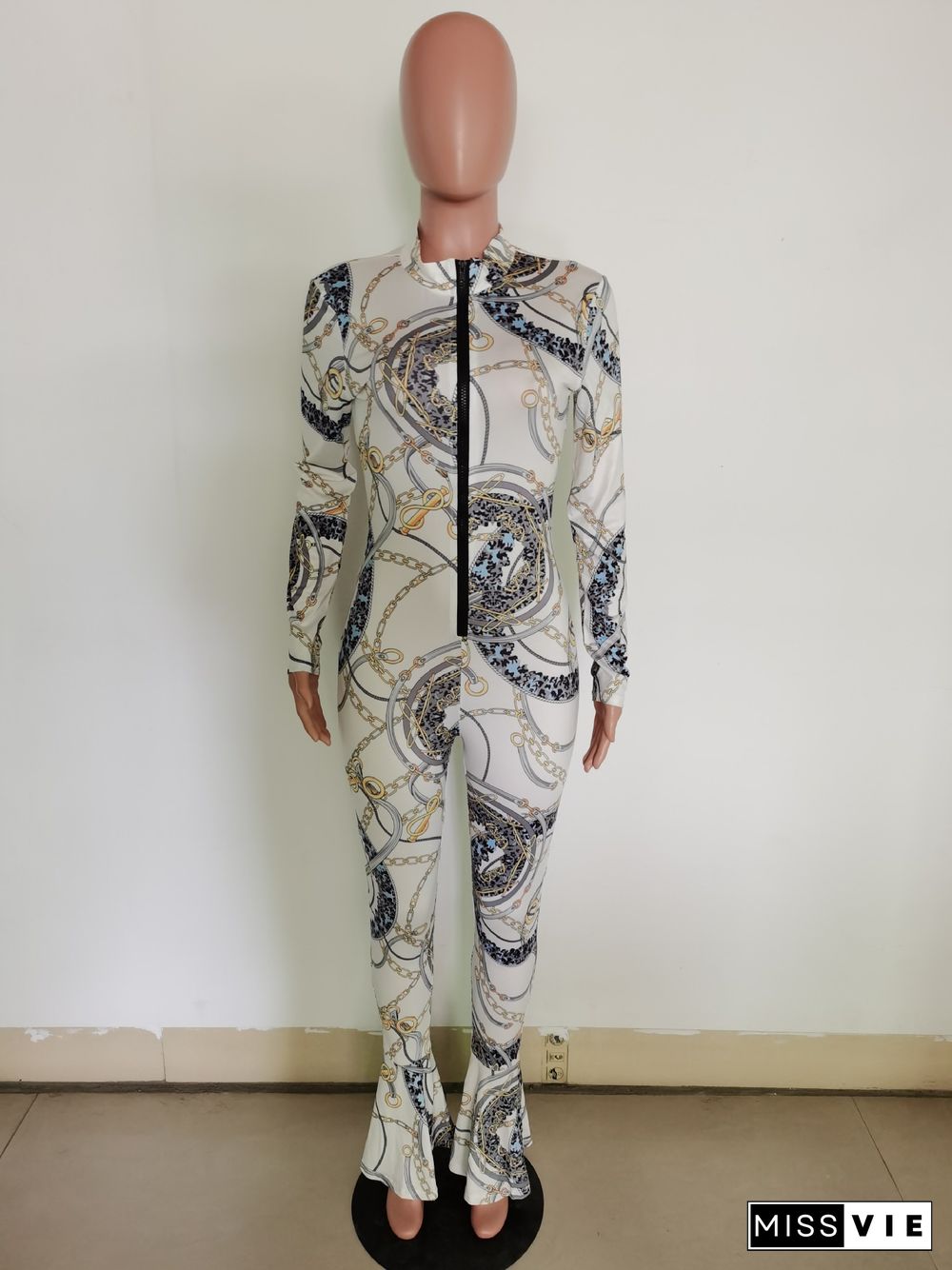 New Print Long Sleeve Zippered Fishtail Jumpsuit