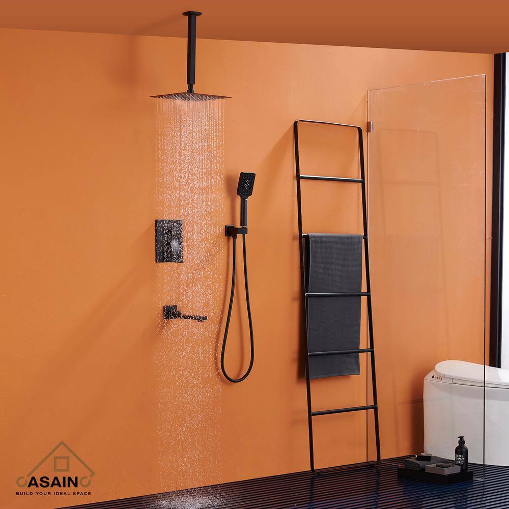 CASAINC 3-Spray Pattern 10 in Ceiling Mount Shower Head Tub Spout and Functional Handheld Matte Black (Valve Included) WF-W98C03H-10