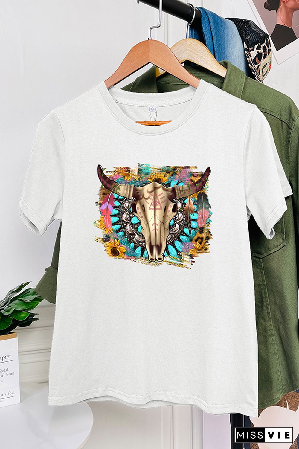 Western Boho Skull Pngturquoise And Leopard Short Sleeve Graphic Tee Wholesale