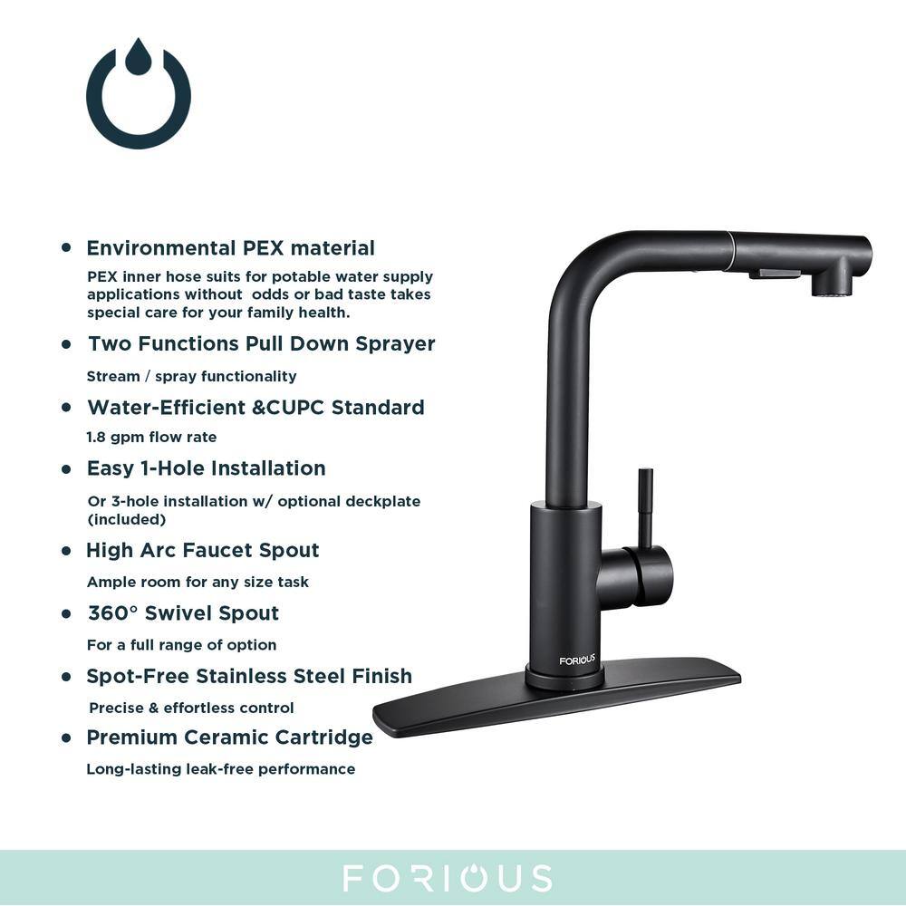 FORIOUS Single-Handle Kitchen Sink Faucet with Pull Down Sprayer Kitchen Faucet in Black HH0025B