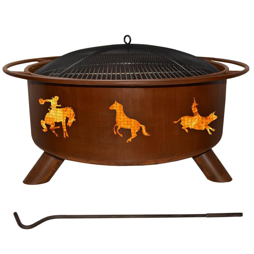 Western 29 in. x 18 in. Round Steel Wood Burning Fire Pit in Rust with Grill Poker Spark Screen and Cover F104