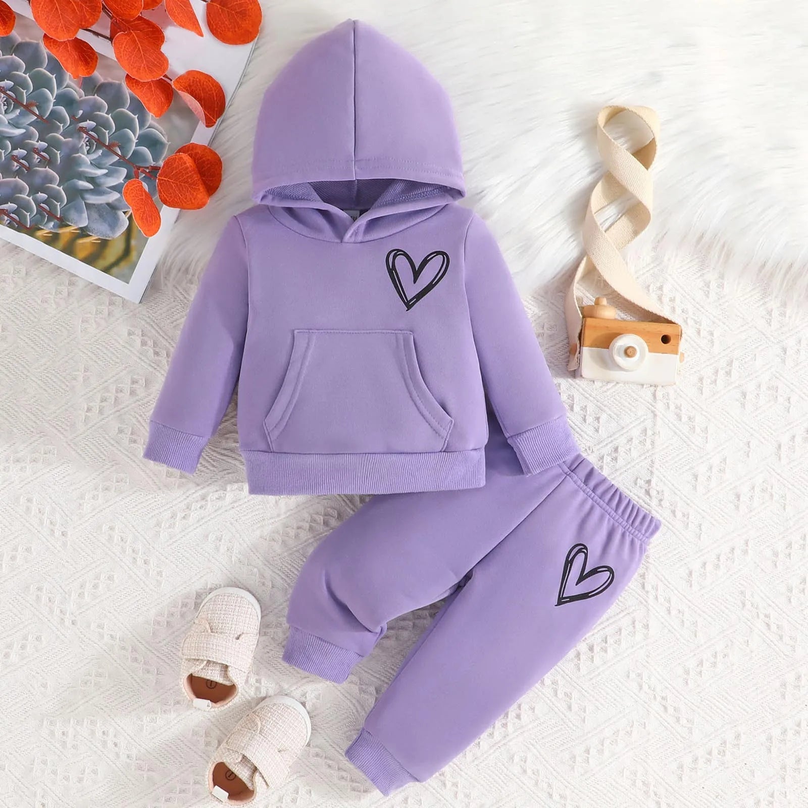 2023 Winter Children Hooded Tracksuits Suits 3-24M Toddler Boys Girls Clothing Suit Heart Print Sweatshirt And Sports Pants Set