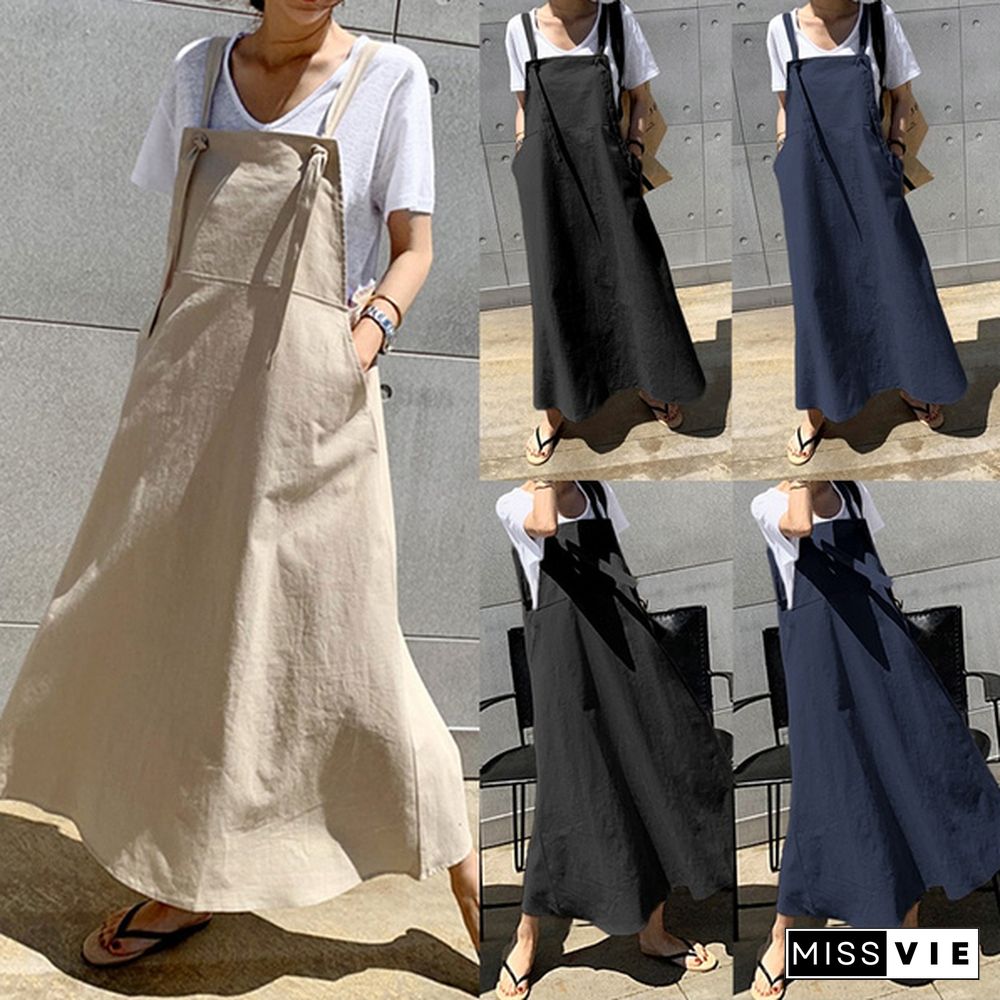 Women Summer Plus Size Strappy Maxi Sundress Loose Solid Pinafore Overalls Holiday Dress Oversized