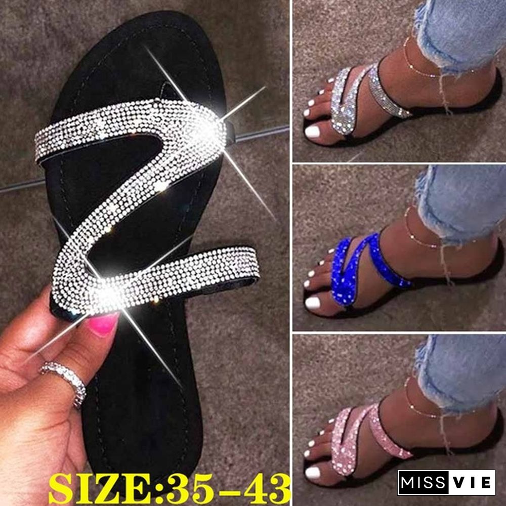 New Women Fashion Casual Bright Diamond Sandals Outdoor Travel Flip Flop Beach Shoes Flat Chinelos Non-Slip Durable Slippers Plus Size 37-42