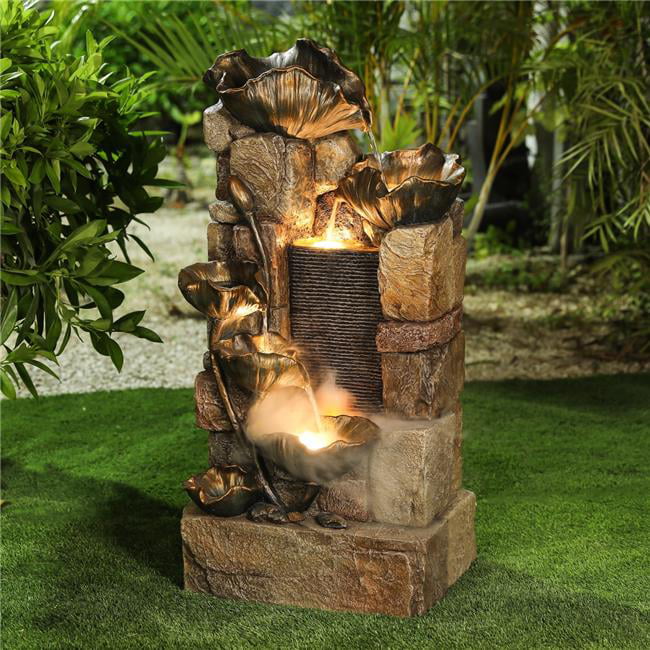 Luxen Home Brown Resin Hibiscus Flowers Outdoor Fountain With LED Light