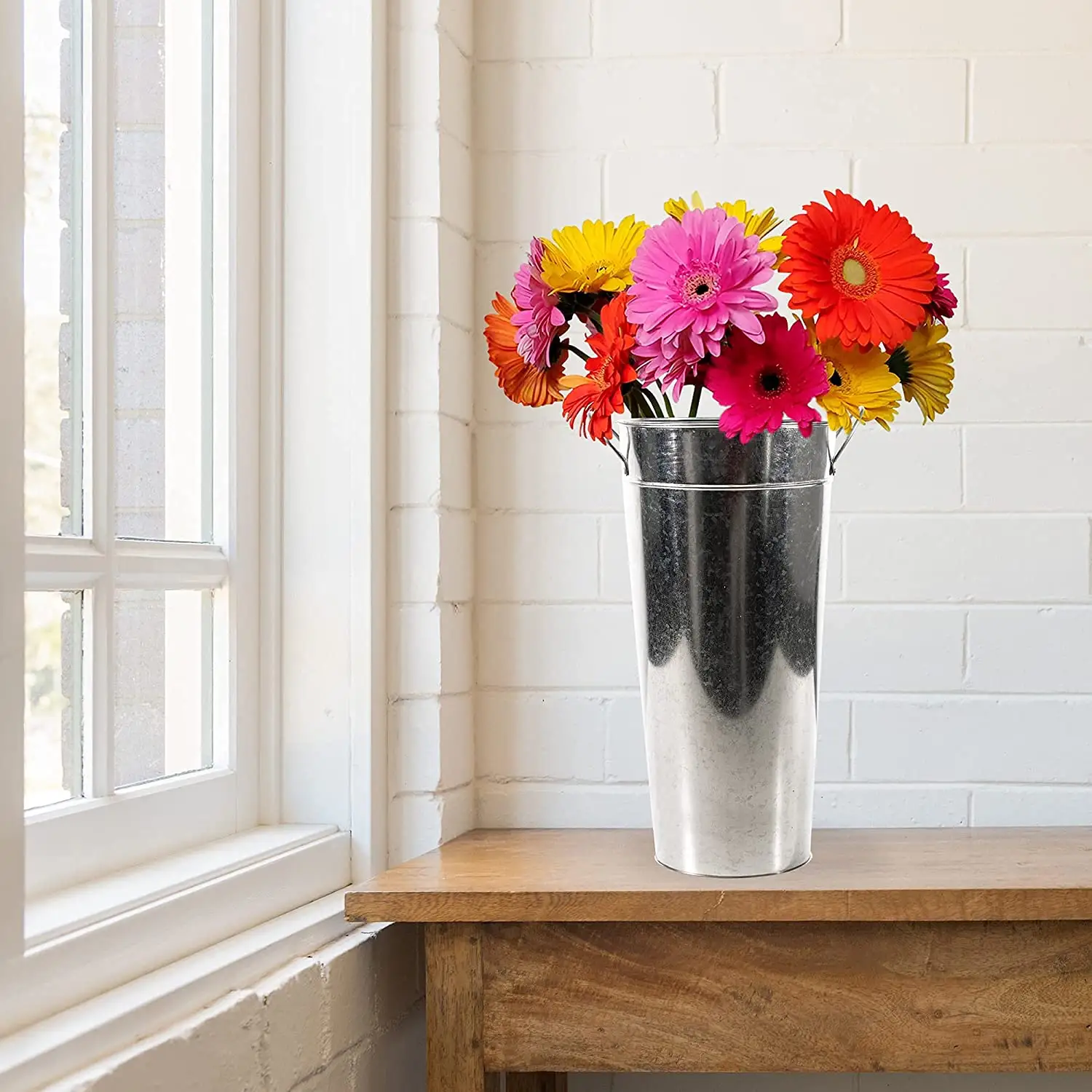 Tall galvanized round french vase sliver flower bucket with ears for home garden decor umbrella stand