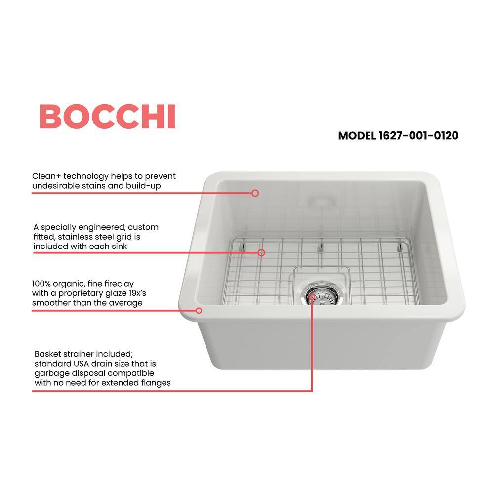 BOCCHI Sotto White Fireclay 24 in. Single Bowl UndermountDrop-In Kitchen Sink wProtective Bottom Grid and Strainer 1627-001-0120