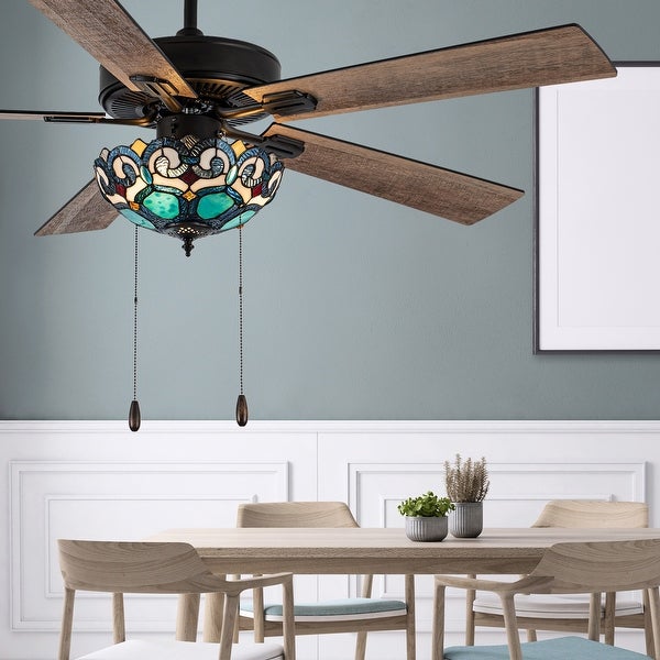 Astrid River of Goods Multicolored Oil-Rubbed Bronze and Stained Glass 3-Light 52-Inch Ceiling Fan - 52